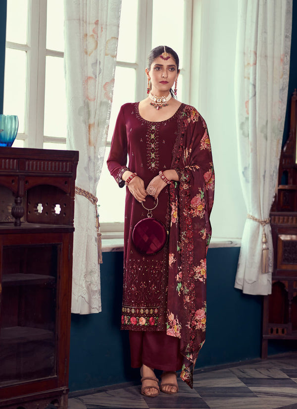 Dark Brown Printed Straight Salwar Suit in Georgette with Embroidery Work