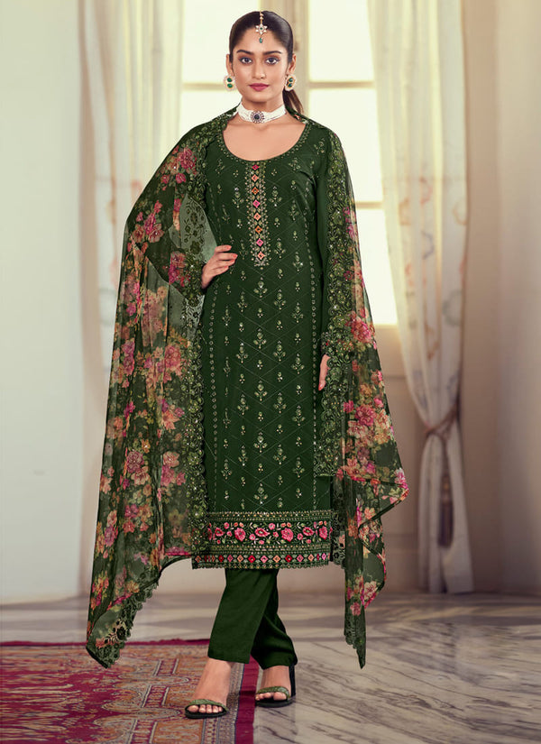 Olive Green Printed Straight Salwar Suit in Georgette with Embroidery Work