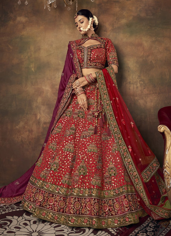 Lassya Fashion Red Exquisite Bridal Lehenga Set with Silk Velvet and Net Dupatta