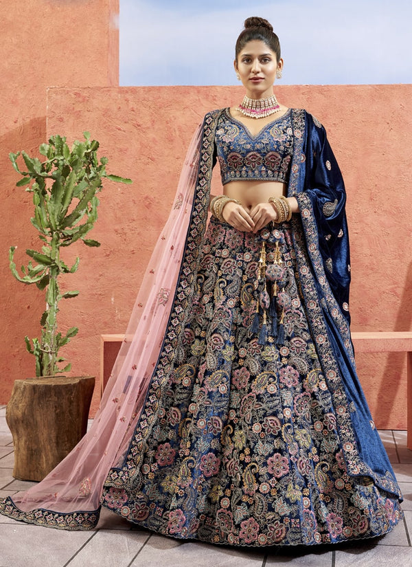 Lassya Fashion Blue Opulent Bridal Velvet Lehenga Set with Handwork