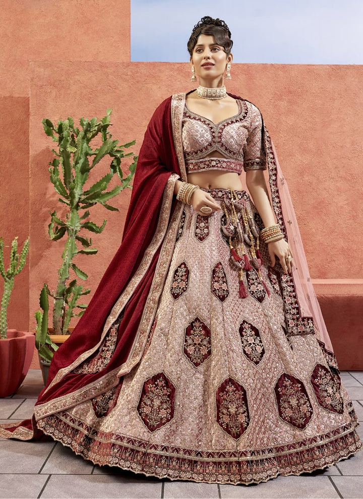 Lassya Fashion Pink Exquisite Bridal Velvet Lehenga Set with Zari Embroidery