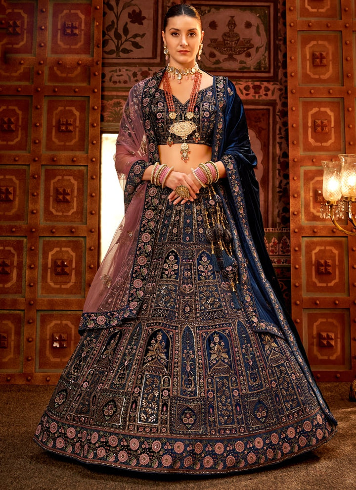 Lassya Fashion Midnight Blue Opulent Velvet Bridal Lehenga with Exquisite Handwork Ensemble