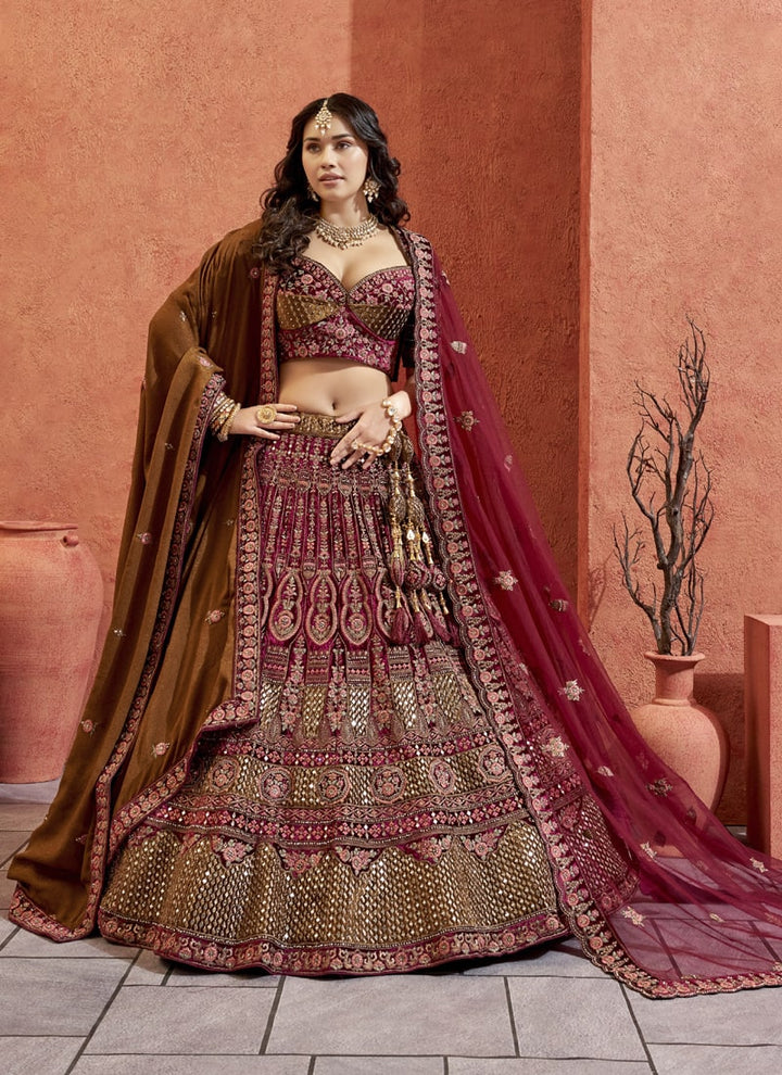 Lassya Fashion Wine Red Enchanting Velvet Bridal Lehenga Set with Intricate Embroidery