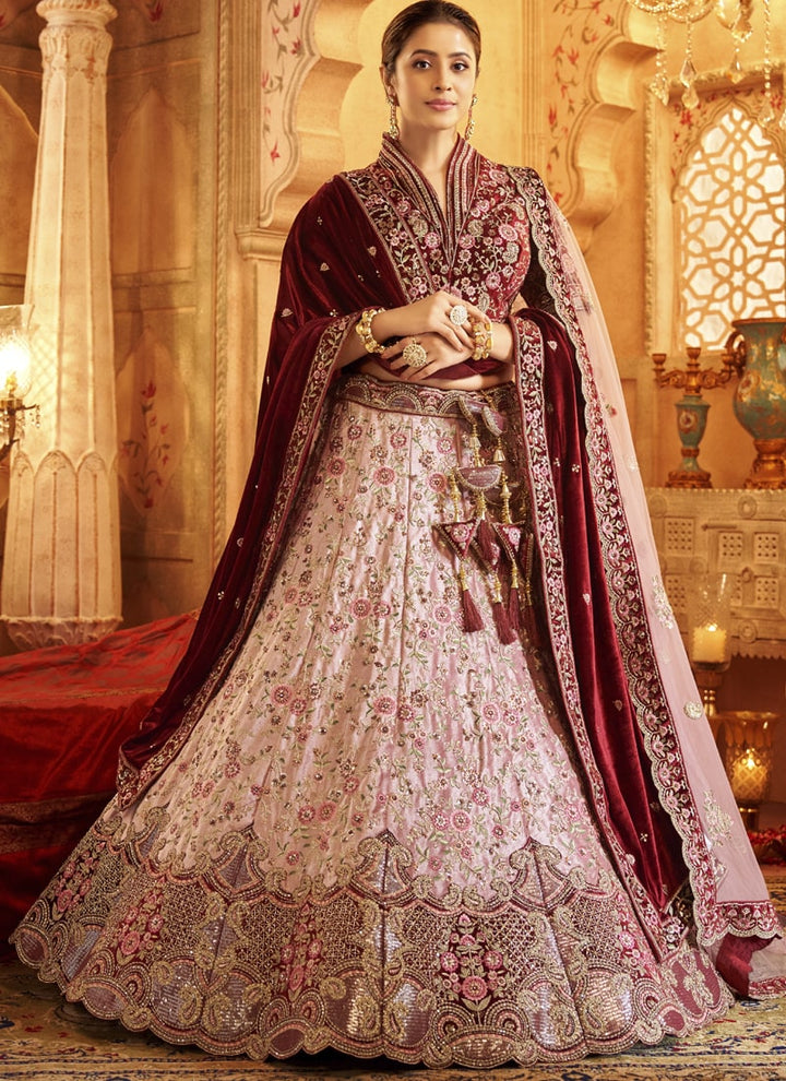Lassya Fashion Pink Velvet Bridal Lehenga with Heavy Embroidery and Zarkan