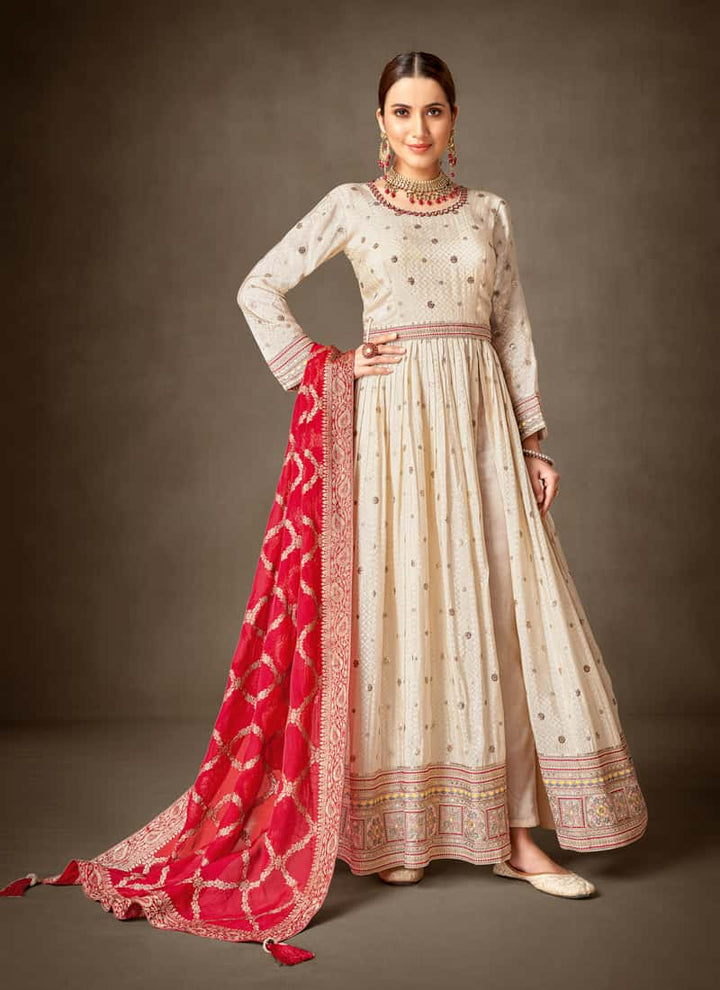 Red Asymmetrical Salwar Suit in Tissue Silk and Viscose Jacquard