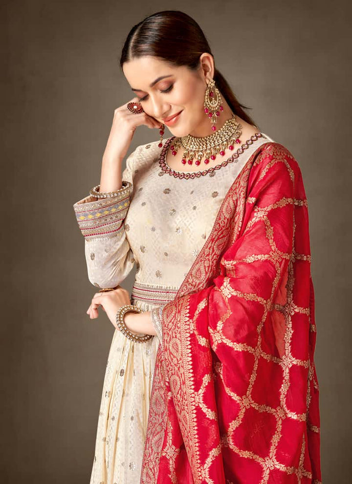 Red Asymmetrical Salwar Suit in Tissue Silk and Viscose Jacquard
