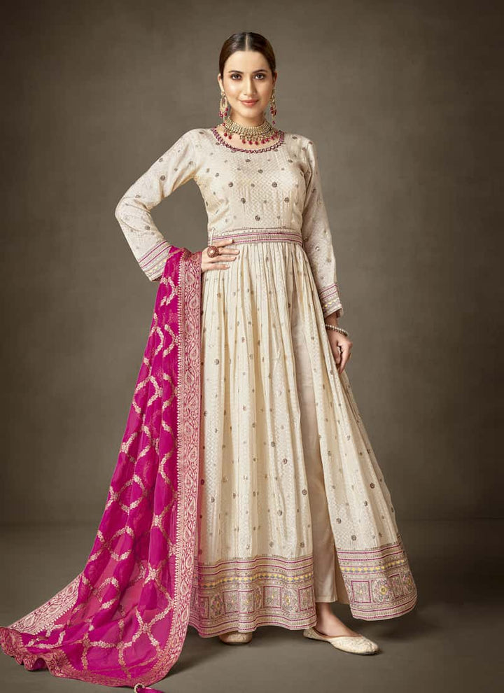 Magenta Pink Asymmetrical Salwar Suit in Tissue Silk and Viscose Jacquard