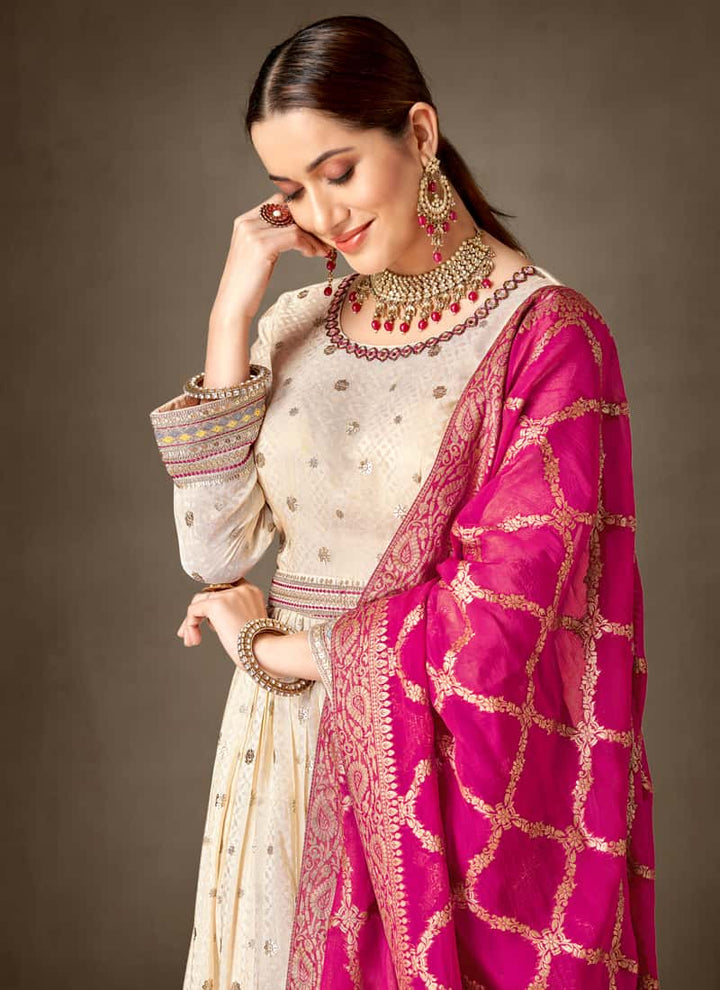 Magenta Pink Asymmetrical Salwar Suit in Tissue Silk and Viscose Jacquard