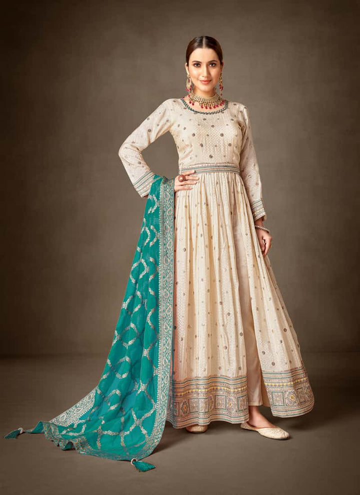 Turquoise Green Asymmetrical Salwar Suit in Tissue Silk and Viscose Jacquard