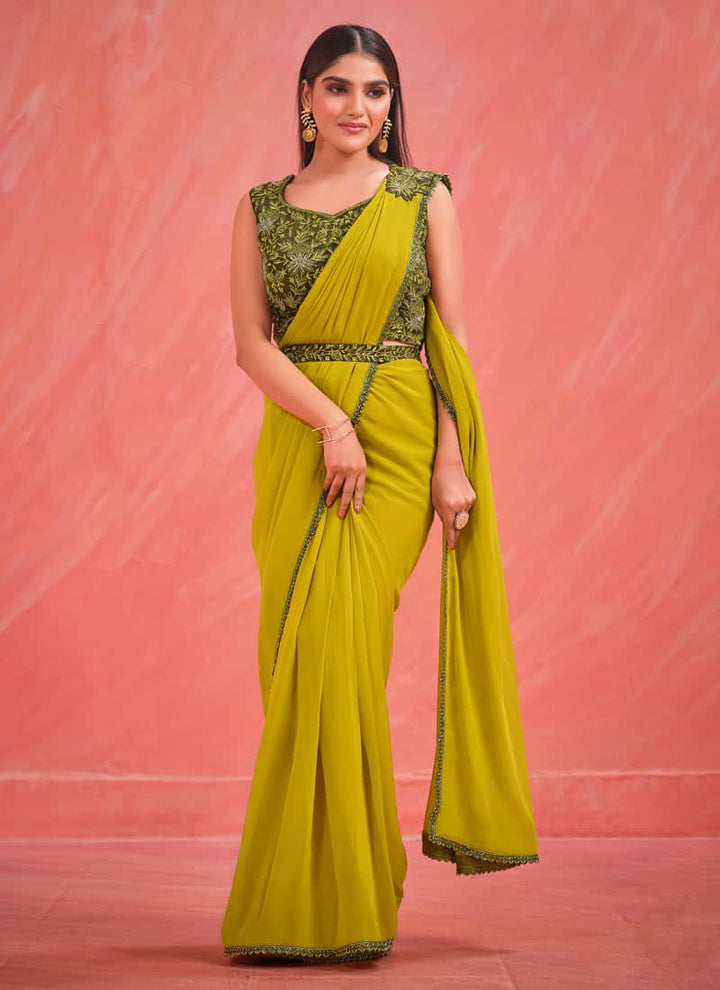 Mustard Ready-to-Wear Pre-Stitched Partywear Saree with Belt