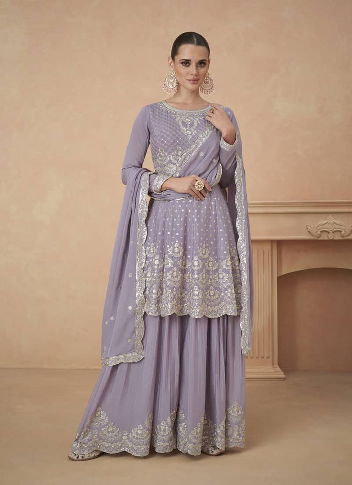 Lavender Kediya Style Sharara Suit in Chinnon Silk