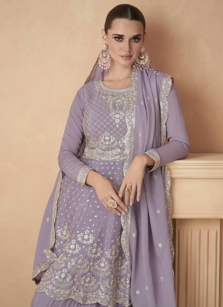 Lavender Kediya Style Sharara Suit in Chinnon Silk