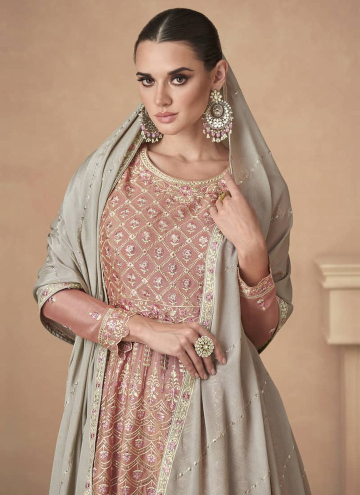 Peach And Grey Kediya Style Sharara Suit in Chinnon Silk