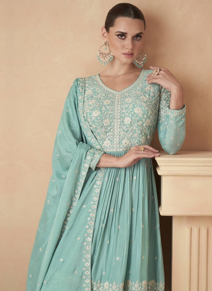 Seafoam Green Kediya Style Sharara Suit in Chinnon Silk