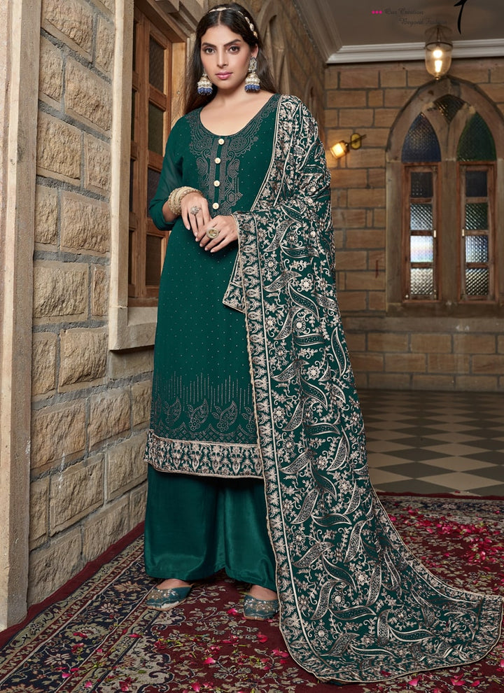 Lassya Fashion Bottle Green Designer Pakistani Salwar Suit with Intricate Embroidery