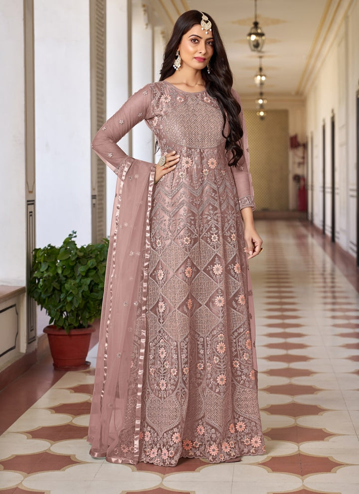Lassya Fashion Dusty Pink Designer Anarkali Suit Set with Butterfly Net Top and Dupatta