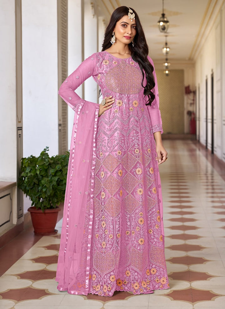 Lassya Fashion Baby Pink Designer Anarkali Suit Set with Butterfly Net Top and Dupatta