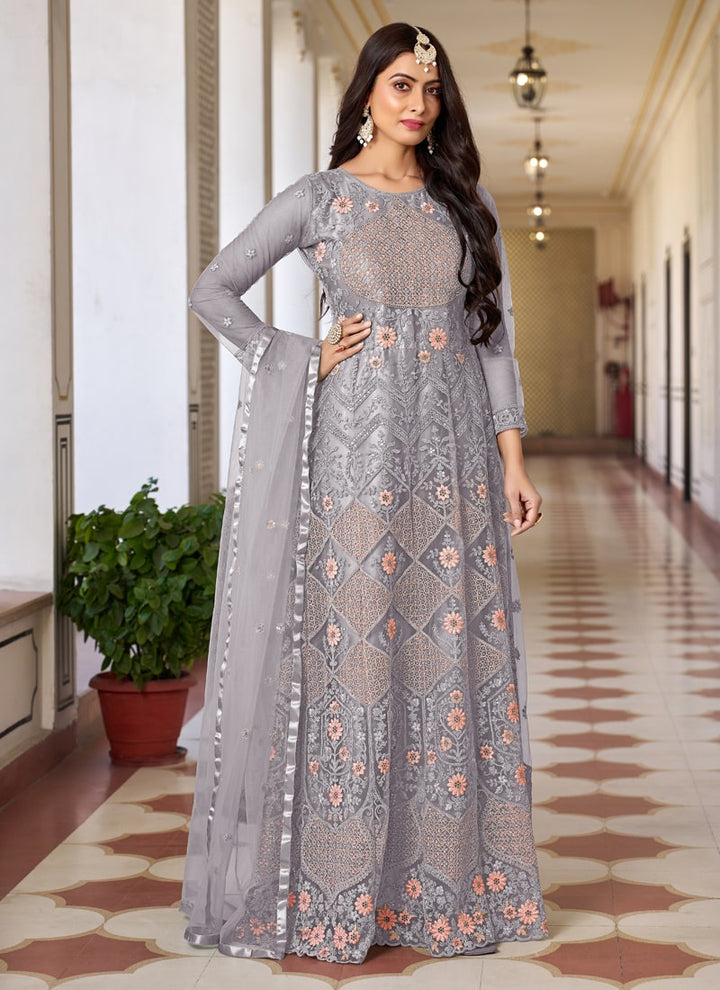Lassya Fashion Silver Grey Designer Anarkali Suit Set with Butterfly Net Top and Dupatta