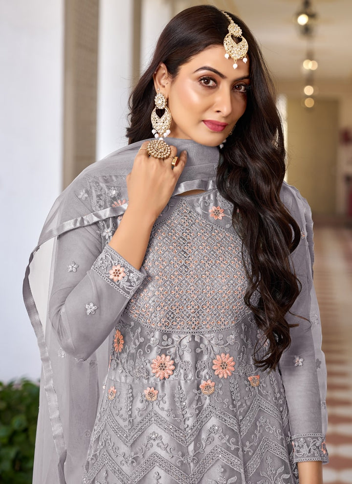 Lassya Fashion Silver Grey Designer Anarkali Suit Set with Butterfly Net Top and Dupatta
