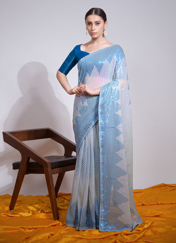 Lassya Fashion Peacock Blue Partywear Heavy Georgette Saree with Sequence Work