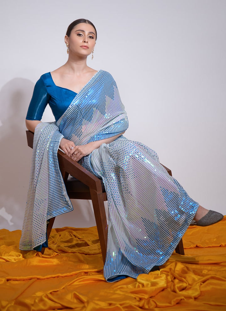 Lassya Fashion Peacock Blue Partywear Heavy Georgette Saree with Sequence Work