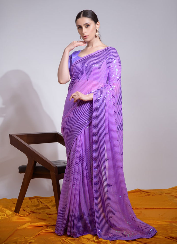 Lassya Fashion Pale Violet Partywear Heavy Georgette Saree with Sequence Work