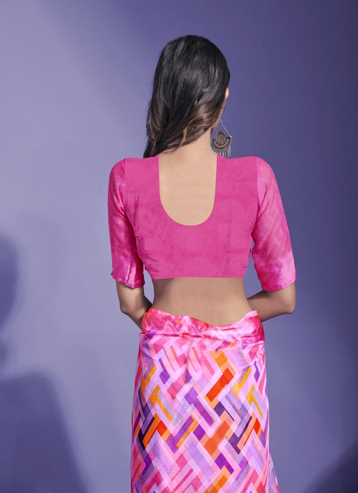Lassya Fashion Rose Pink Chic Chiffon Printed Saree with Satin Border