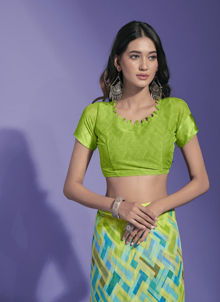 Lassya Fashion Mint Green Chic Chiffon Printed Saree with Satin Border