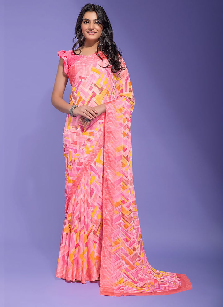 Lassya Fashion Baby Pink Chic Chiffon Printed Saree with Satin Border