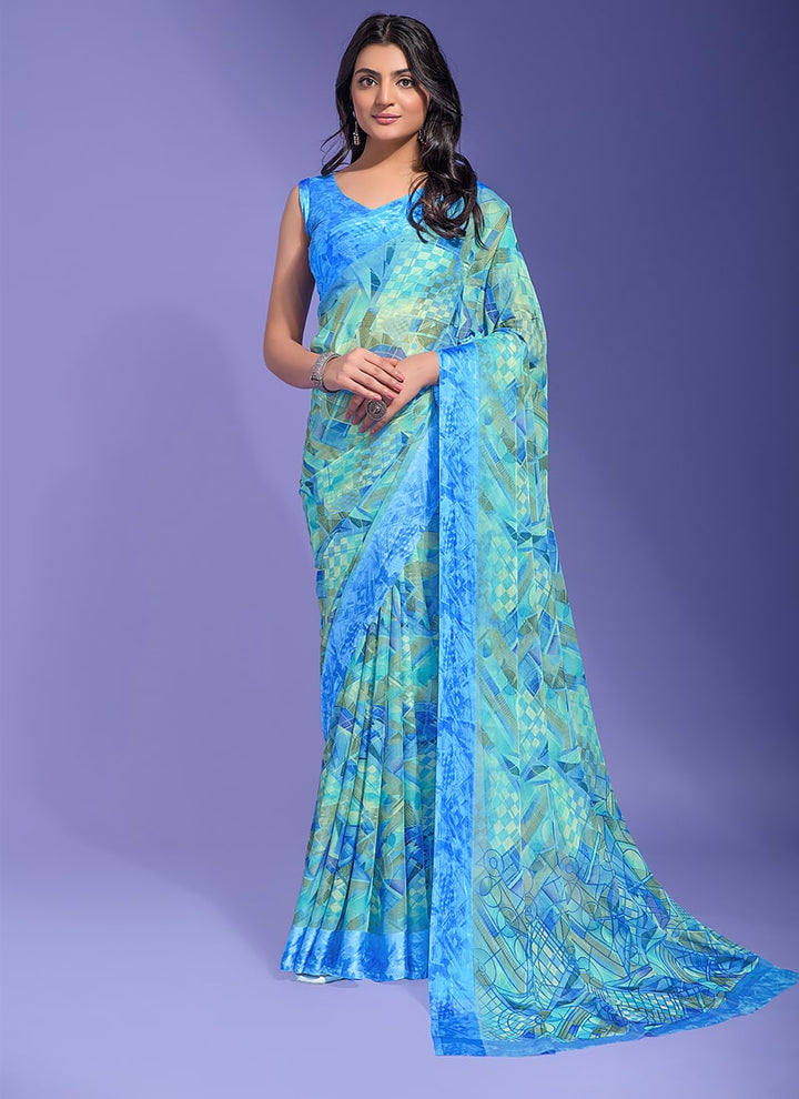 Lassya Fashion Ocean Blue Chic Chiffon Printed Saree with Satin Border