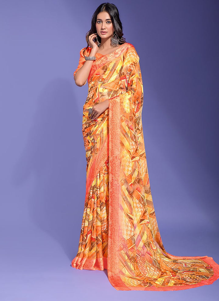 Lassya Fashion Peach Orange Chic Chiffon Printed Saree with Satin Border