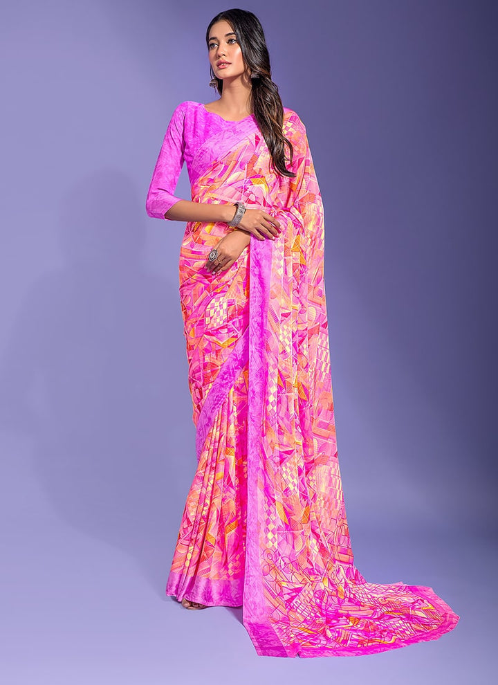 Lassya Fashion Dark Lavender Chic Chiffon Printed Saree with Satin Border