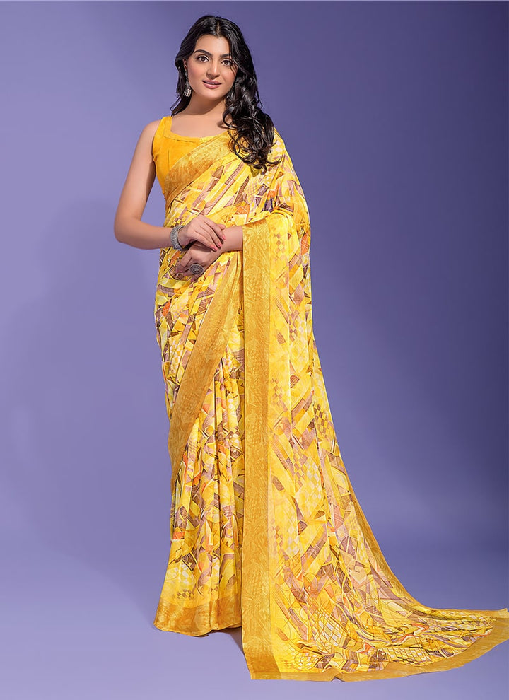 Lassya Fashion lemon Yellow Chic Chiffon Printed Saree with Satin Border