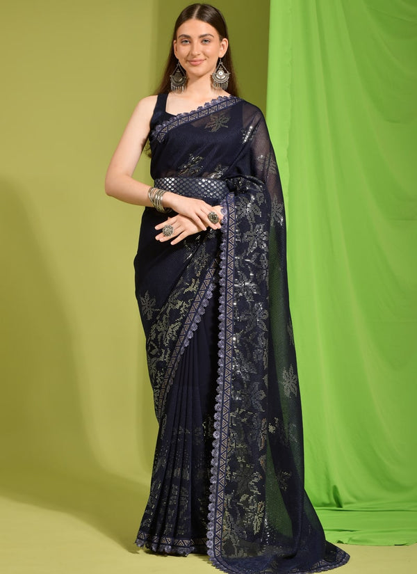 Lassya Fashion Black-1 Partywear Georgette Saree with Sequence Embroidery