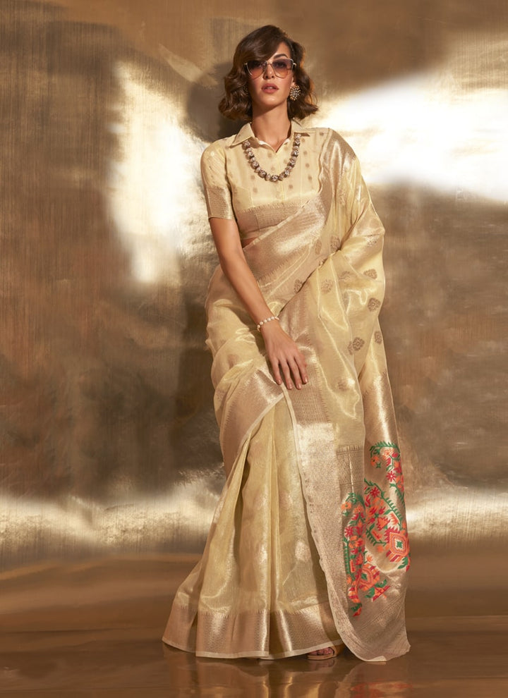 Lassya Fashion Beige Cream Party Wear Paithani Handloom Saree with Zari Tissue Work