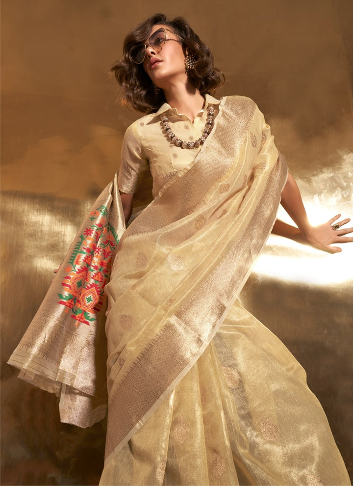 Lassya Fashion Beige Cream Party Wear Paithani Handloom Saree with Zari Tissue Work