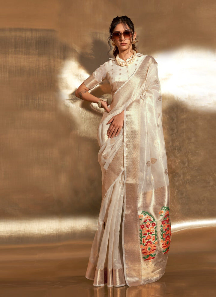 Lassya Fashion Pearl White Party Wear Paithani Handloom Saree with Zari Tissue Work