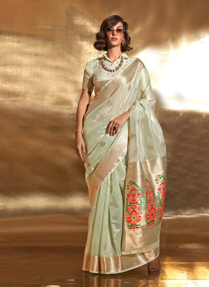 Lassya Fashion Pale Pista Green Party Wear Paithani Handloom Saree with Zari Tissue Work