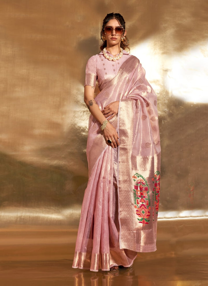 Lassya Fashion Light Pink Party Wear Paithani Handloom Saree with Zari Tissue Work