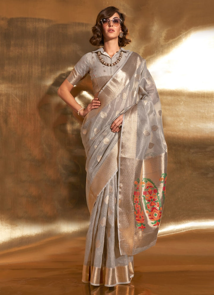 Lassya Fashion Grey Party Wear Paithani Handloom Saree with Zari Tissue Work