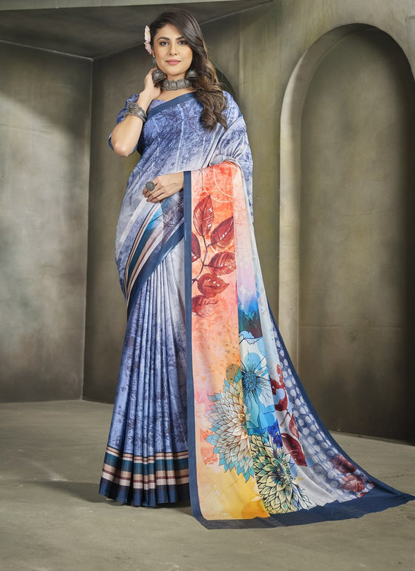 Lassya Fashion Navy Blue Exquisite Printed Crepe Saree for Elegant Occasions