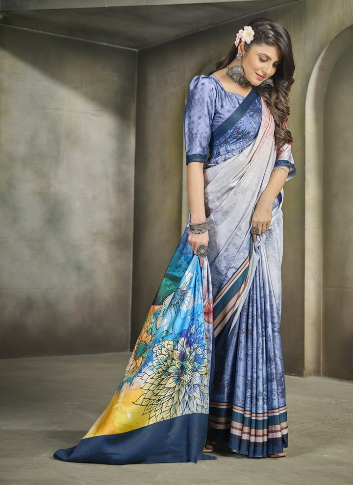 Lassya Fashion Navy Blue Exquisite Printed Crepe Saree for Elegant Occasions