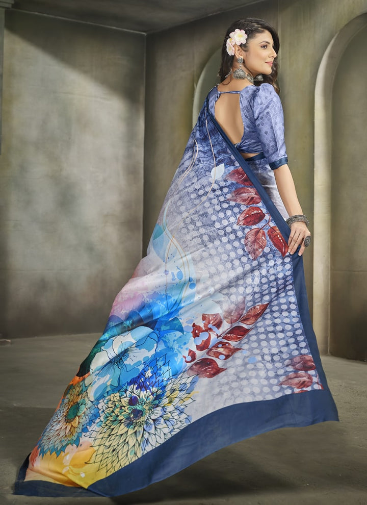 Lassya Fashion Navy Blue Exquisite Printed Crepe Saree for Elegant Occasions