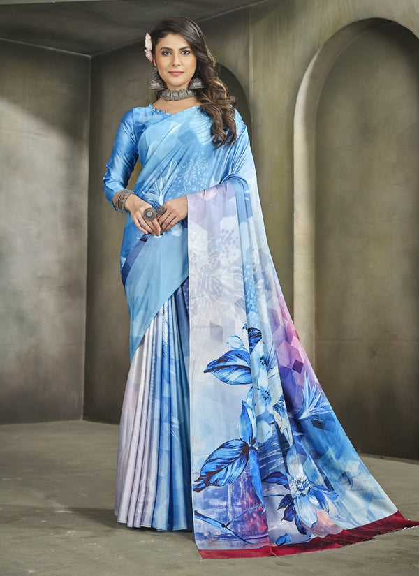 Lassya Fashion Sky Blue Exquisite Printed Crepe Saree for Elegant Occasions