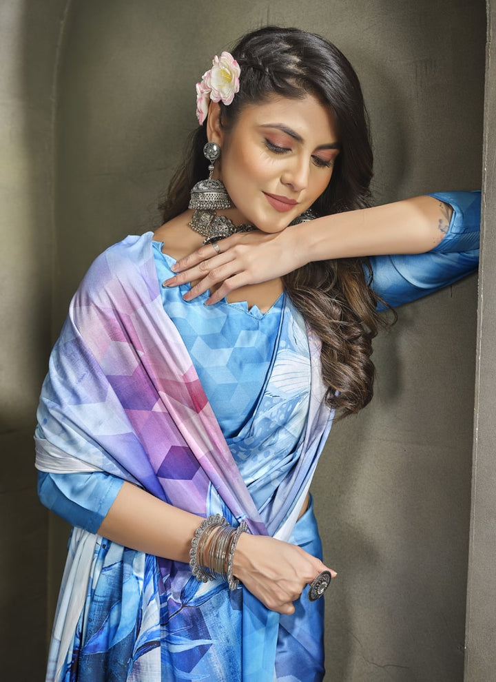 Lassya Fashion Sky Blue Exquisite Printed Crepe Saree for Elegant Occasions