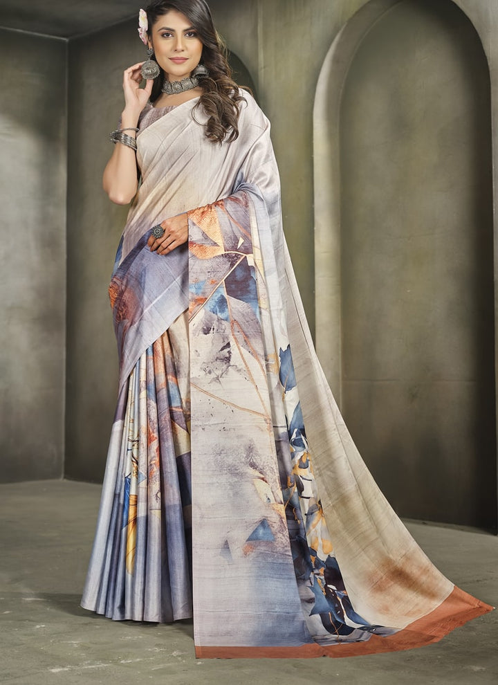 Lassya Fashion Light Grey Exquisite Printed Crepe Saree for Elegant Occasions