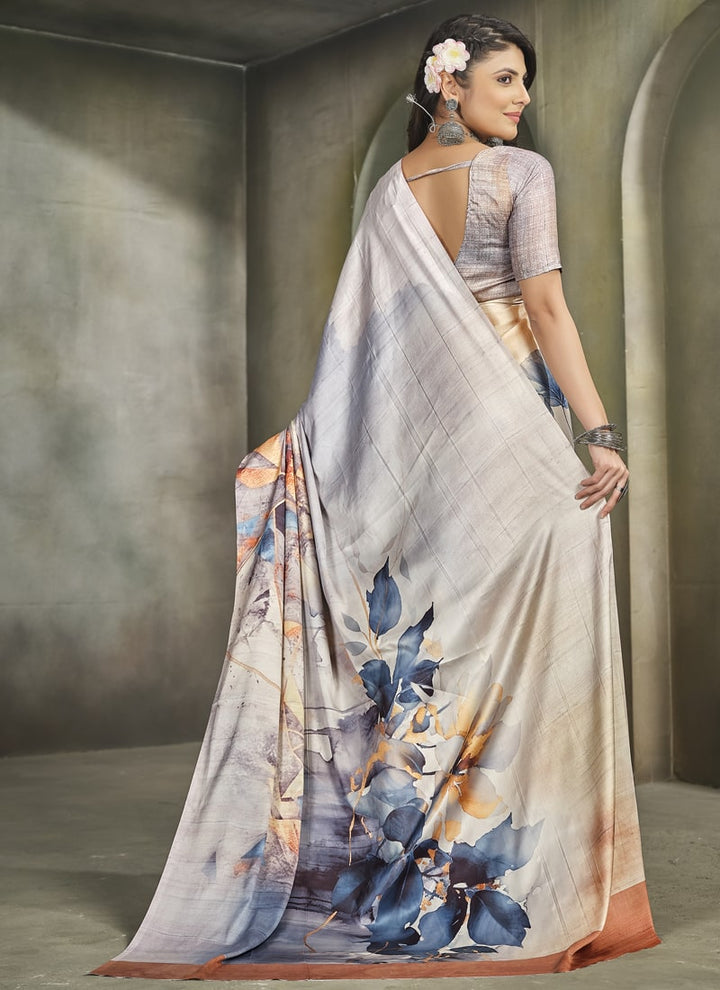 Lassya Fashion Light Grey Exquisite Printed Crepe Saree for Elegant Occasions