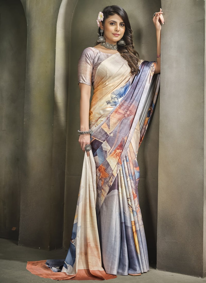 Lassya Fashion Light Grey Exquisite Printed Crepe Saree for Elegant Occasions