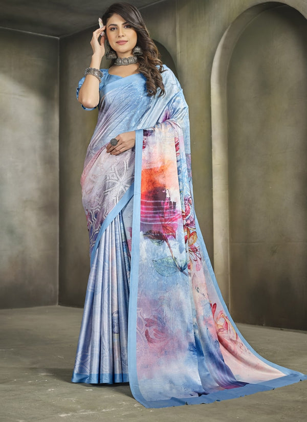 Lassya Fashion Cornflower Blue Exquisite Printed Crepe Saree for Elegant Occasions