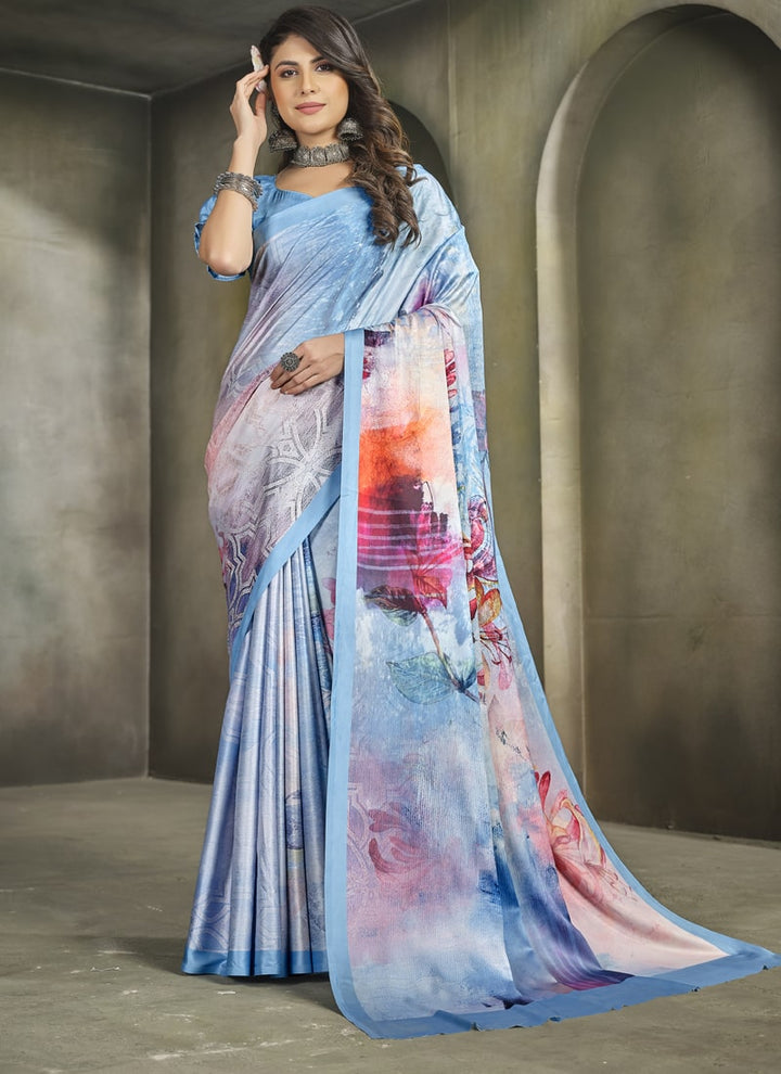 Lassya Fashion Cornflower Blue Exquisite Printed Crepe Saree for Elegant Occasions